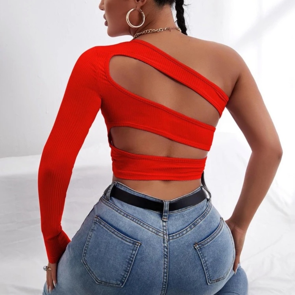 Red One-Shoulder Cutout Back Crop Top | Women’s Small | NWOT